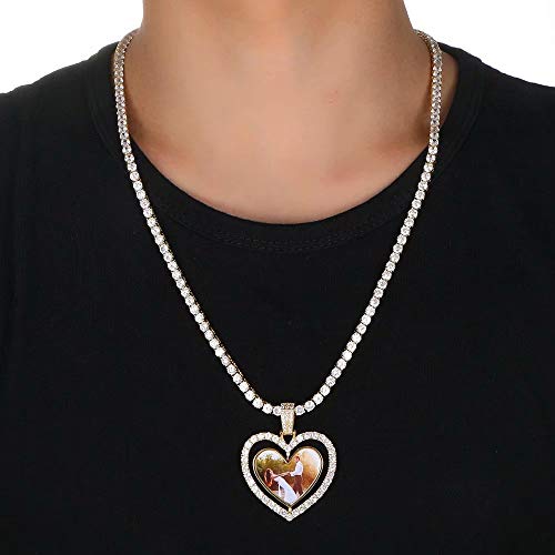 LuBHnna Hip Hop Doble Foto Lateral Personalizada en Forma de corazón Colgante Collar Giratorio Marco de Fotos Colgante Helado Hip Hop Rapero Collar para Hombres