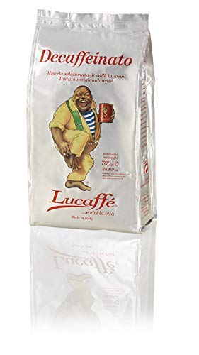 Lucaffé Caffe Descafeinado, granos de café 100% Arábica, bolsa de café 700 gr. ahorra aroma, café descafeinado naturalmente, sabor dulce, cuerpo completo, crema espesa, aroma agradable