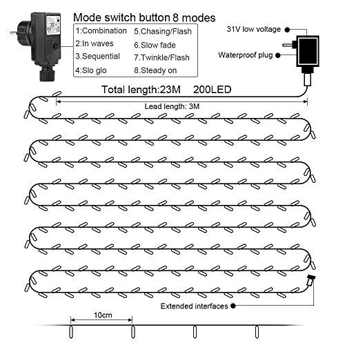 Luces de Hadas, 23M 200 LED Cadena de Luces con Enchufe, Guirnalda Luces IP44 Impermeable con 8 Modos, Guirnaldas Luminosas Decorativas para Exterior y Interior, Navidad, Jardín, Casas, Boda, Fiestas
