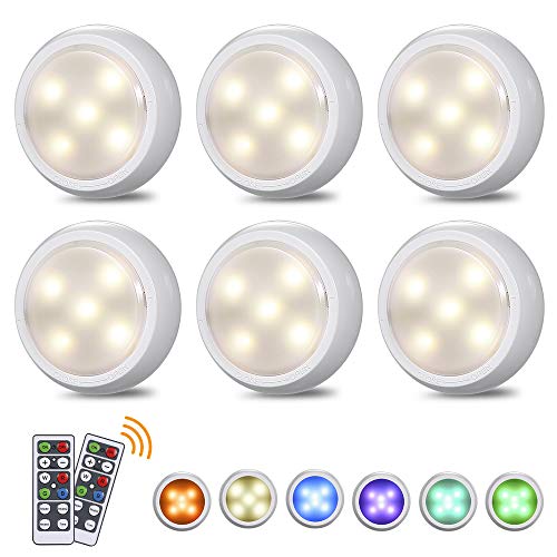 Luces LED Armario,Tomshine 6PCS RGBW Lámpara de Armario,10 Brillo Regulable/3 Iluminación Modo,Luz Nocturna con Pilas con 2 Control Remoto Para Vitrina Cocina Garaje[Clase Eficiencia Energética A++]