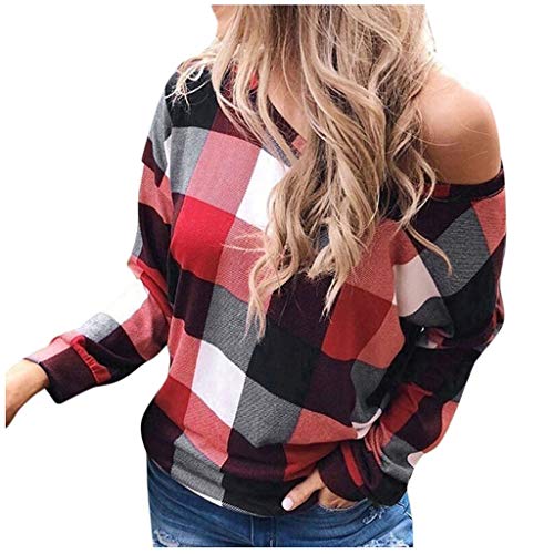 Luckycat Cuadros Impresión Blusas Mujer Tallas Grandes Manga Larga Casual Elegantes Ofertas Camisetas Mujer Basica Pull-Over Sudaderas Ajuste Flojo Sin Tirante Tops Mujer