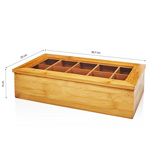 Lumaland Cuisine Caja de té de bambú con 10 Compartimentos de Aprox 36,7 x 20 x 9 cm Material sostenible práctico y Decorativo