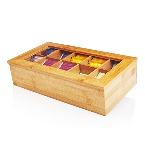 Lumaland Cuisine Caja de té de bambú con 10 Compartimentos de Aprox 36,7 x 20 x 9 cm Material sostenible práctico y Decorativo