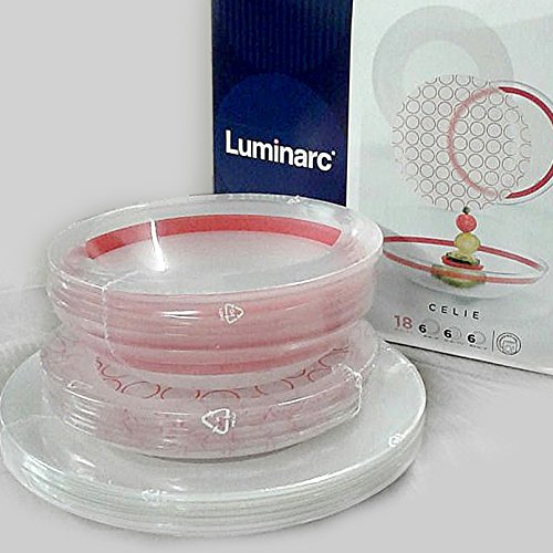 Luminarc - Juego de platos de 18 piezas, juego para 6 personas Celie con decoración de color rojo, cristal transparente Arcopal