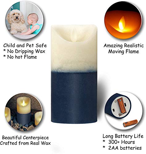 Luminicious Velas Azules y Blancas sin Llama, Mecha de Baile LED. Funciona con baterías eléctricas, Control Remoto y Temporizador. Juego de 3 Velas auténticas de Cera de pilares (4" 5" 6")