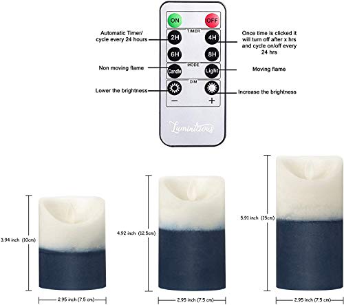 Luminicious Velas Azules y Blancas sin Llama, Mecha de Baile LED. Funciona con baterías eléctricas, Control Remoto y Temporizador. Juego de 3 Velas auténticas de Cera de pilares (4" 5" 6")