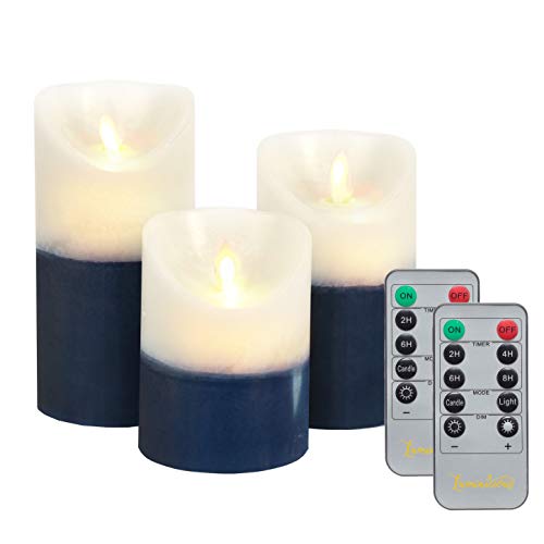 Luminicious Velas Azules y Blancas sin Llama, Mecha de Baile LED. Funciona con baterías eléctricas, Control Remoto y Temporizador. Juego de 3 Velas auténticas de Cera de pilares (4" 5" 6")