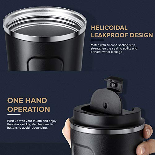 Lungogo Taza de Café Reutilizable Prueba de Fugas Vaso Termico de Viaje Doble Pared Acero Inoxidable para Bebidas Calientes y Frías 480ml, Negro