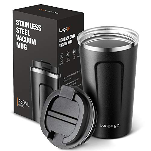 Lungogo Taza de Café Reutilizable Prueba de Fugas Vaso Termico de Viaje Doble Pared Acero Inoxidable para Bebidas Calientes y Frías 480ml, Negro