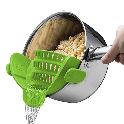 LuoCoCo Colador de Silicona con Snap Clip, Universal Filtro Manos Libres, Escurridor de Cocina Resistente al Calor, Adapta a Todas Las Ollas y Cuencos para Espaguetis, Pasta, Verduras y Frutas, Verde