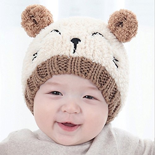 LUOEM Gorro Punto Bebe con Orejas de Gato Oso Sombrero Gorra Gorro de Lana para Bebes Niños Niñas Invierno Beige