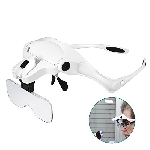 Lupa de tipo anteojos - RIGHTWELL Gafas Lupa de Gran Aumento 5 Lentes 1.0X-3.5X Ajustable Soporte con 2 Luces LED Perfecto para Leer, Modelismo, Soldar, Extensiones de Pestañas, Reparación Joyería