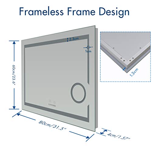 LUVODI Espejo de Baño Pared con Iluminación LED Espejo de Baño Moderno con Interruptor Táctil y 3X Aumento Función Anti-Niebla Adecuado para Baño Tocador Dormitorio 80x60cm