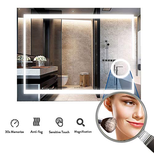 LUVODI Espejo de Baño Pared con Iluminación LED Espejo de Baño Moderno con Interruptor Táctil y 3X Aumento Función Anti-Niebla Adecuado para Baño Tocador Dormitorio 80x60cm