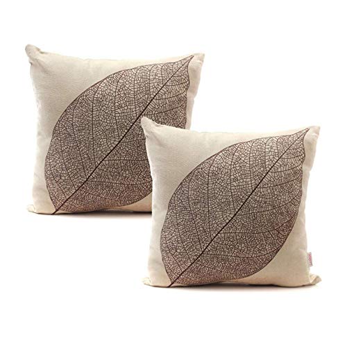 Luxbon 2 Funda Cojin Almohada Vena de Hoja Marrón Lino Duradero Decoración para Sofá Cama Coche Regalo del día de la Madre 45x45 cm