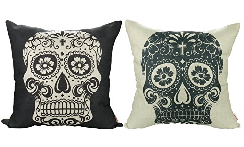 Luxbon 2 Funda de Cojín Almohada Halloween Calavera Esqueleto Lino Duradero Decoración para Sofá Cama Coche 45x45 cm