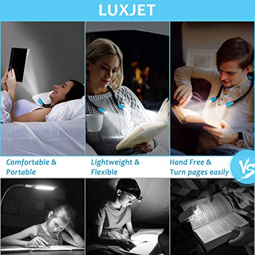 LUXJET Flexible llevó luz del libro de la abrazo lámpara de lectura de luz de la linterna cuello lectura, 4 LED bombillas, 3 brillo ajustable, USB recargable, para leer en la cama o coche (azul claro)