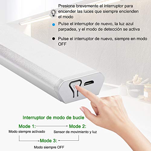 Luz LED Armario Luz Sensor Nocturna Lámpara, 60 LED Luz de Armario USB Recargable Magnético con 3 Modos, 3 colores, 1000mAh para Armario/Gabinete/Escalera/Sótano/Cocina/Pasillo/Baño/Dormitorio