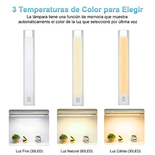 Luz LED Armario Luz Sensor Nocturna Lámpara, 60 LED Luz de Armario USB Recargable Magnético con 3 Modos, 3 colores, 1000mAh para Armario/Gabinete/Escalera/Sótano/Cocina/Pasillo/Baño/Dormitorio