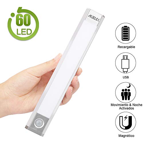 Luz LED Armario Luz Sensor Nocturna Lámpara, 60 LED Luz de Armario USB Recargable Magnético con 3 Modos, 3 colores, 1000mAh para Armario/Gabinete/Escalera/Sótano/Cocina/Pasillo/Baño/Dormitorio