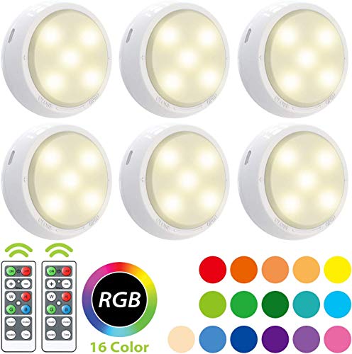 Luz LED inalámbrica, con cambio de color RGB OxyLED. Luz nocturnas de interiores y armarios alimentada por batería. Con función de atenuador, temporización y control remoto (paquete de 6 unidades)