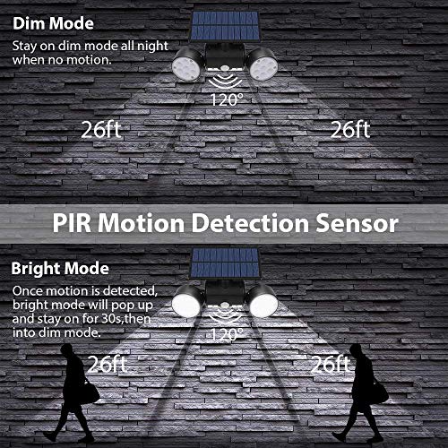 Luz Solar Exterior, Ultra Potente LED Foco Solar con Sensor de Movimiento Doble Cabeza IP65 Impermeable 360 ° Ajustable Lámpara Solar de Seguridad para Frente Puerta Yarda Jardín Garaje (1Pcs)