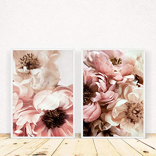 LWJZQT Cuadro sobre Lienzo 2 Piezas Lienzo Pintura Decoración Nórdica Rosa Elegante Peonía Flor Frase Carteles E Impresiones Cuadros De Pared para Sala De Estar Decoración del Hogar 70X100cm