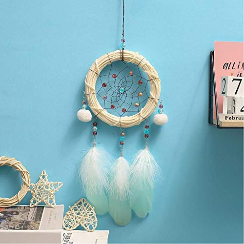 LWYNZ Anillo de ratán atrapasueños con luz atrapasueños con pompón para Colgar en la Pared del hogar Colgante de decoración para Dormitorio de los niños