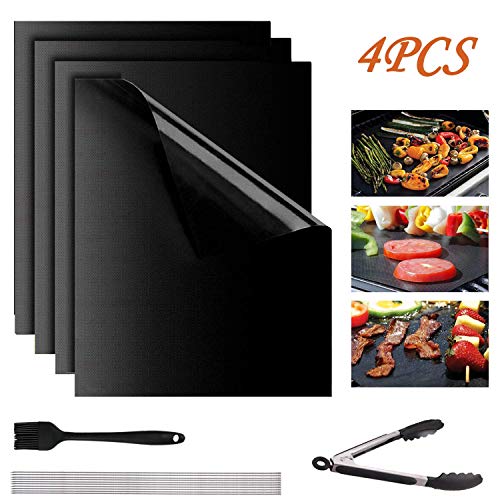 Lyeiaa 16 Piezas Estera para Barbacoa Juego,4 Estera para Parrilla de Barbacoa Antiadherentes Reutilizable,10 Brochetas para Barbacoa y Cepillo de Silicona y Pinzas para Parrilla(40 x 33CM)