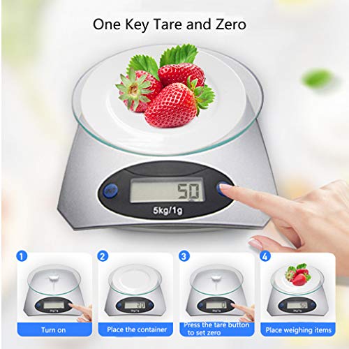 LYNNDRE Báscula Electrónica De Cocina Doméstica De 5 Kg, Báscula De Nutrición De Alta Precisión con Función De Tara Y Bandeja De Vidrio De Extracción para Hornear, Franqueo, Joyería,Plata