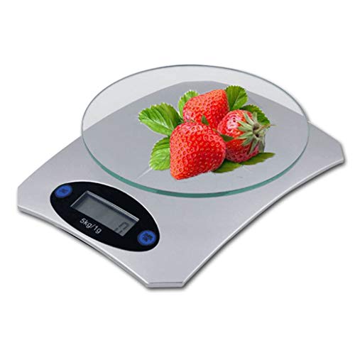 LYNNDRE Báscula Electrónica De Cocina Doméstica De 5 Kg, Báscula De Nutrición De Alta Precisión con Función De Tara Y Bandeja De Vidrio De Extracción para Hornear, Franqueo, Joyería,Plata