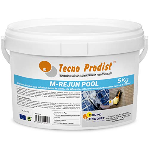 M-REJUN POOL de Tecno Prodist - (5 kg) Mortero flexible para sellado de juntas de baldosas y gresite en piscinas, ceramica, ladrillo, etc, apto para inmersión permanente (Junta 2 a 20 mm) Color Blanco