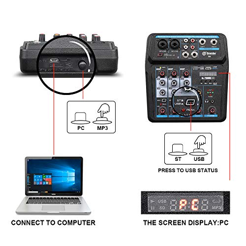 M4 Mini mezclador de 4 canales de audio DJ consola con tarjeta de sonido, USB, 48 V Phantom Power para grabación de PC cantando Webcast Party (M4)