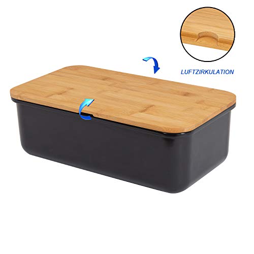 Mack - Amplia Caja para el Pan Hecha de melamina. Almacenamiento del Pan con una práctica Tapa de Tabla de Cortar Cocina bambú in Negro