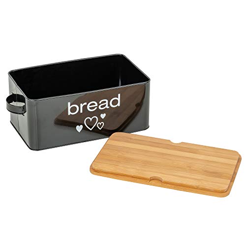 Mack - Amplia Caja para el Pan Hecha de Metal | Almacenamiento del Pan con una práctica Tapa de Tabla de Cortar Cocina Bambu in Negro