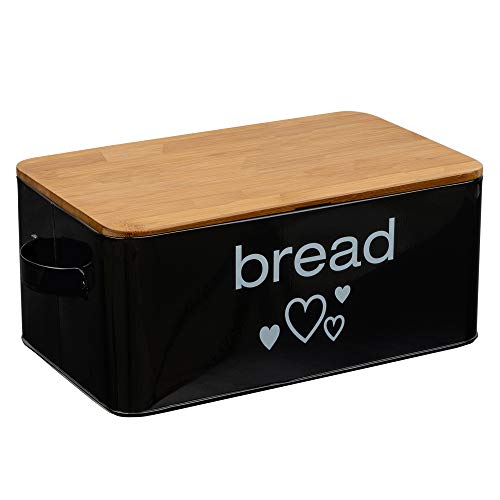 Mack - Amplia Caja para el Pan Hecha de Metal | Almacenamiento del Pan con una práctica Tapa de Tabla de Cortar Cocina Bambu in Negro