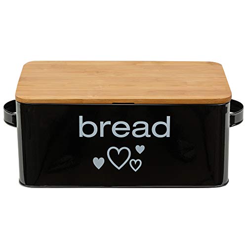 Mack - Amplia Caja para el Pan Hecha de Metal | Almacenamiento del Pan con una práctica Tapa de Tabla de Cortar Cocina Bambu in Negro