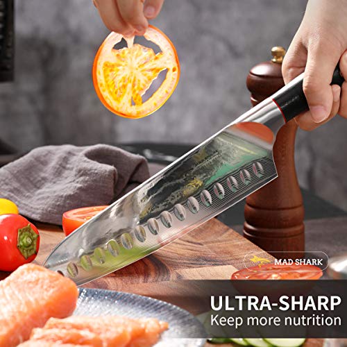 MAD SHARK Cuchillo Damasco Santoku - Cuchillos de Cocina Pro Cuchillo de Chef de 8 Pulgadas, Mango Ergonómico, Navaja de Afeitar, La Mejor Opción para Cocina Casera y Restaurante