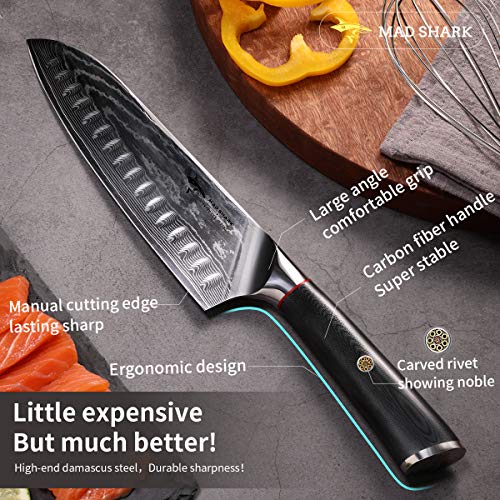 MAD SHARK Cuchillo Damasco Santoku - Cuchillos de Cocina Pro Cuchillo de Chef de 8 Pulgadas, Mango Ergonómico, Navaja de Afeitar, La Mejor Opción para Cocina Casera y Restaurante