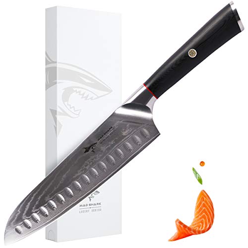 MAD SHARK Cuchillo Damasco Santoku - Cuchillos de Cocina Pro Cuchillo de Chef de 8 Pulgadas, Mango Ergonómico, Navaja de Afeitar, La Mejor Opción para Cocina Casera y Restaurante