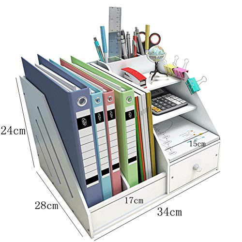 Madera plástico panel Organizador de escritorio, Funcionario inicio papelería Escritorio Estante de libro Estante de archivo Organizador de pluma Portalápices-Blanco 34x24x28cm(13x9x11inch)