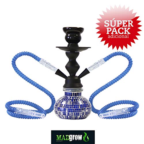 MADGROW. Cachimba Fiesta. Color Azul. 25 cm. Shisha de 2 Tubos con Cuerpo METALICO. Incluye SÚPER Pack: 2ª Cazoleta Extra + Tubo de 10 Pastillas de carbón + boquillas XXL + Pinzas/perforador.