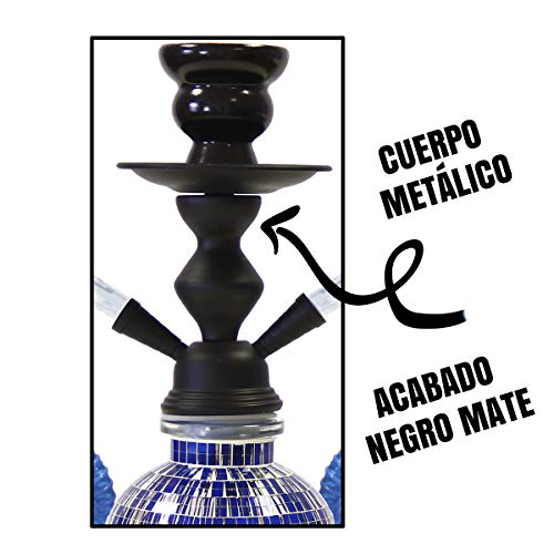 MADGROW. Cachimba Fiesta. Color Azul. 25 cm. Shisha de 2 Tubos con Cuerpo METALICO. Incluye SÚPER Pack: 2ª Cazoleta Extra + Tubo de 10 Pastillas de carbón + boquillas XXL + Pinzas/perforador.