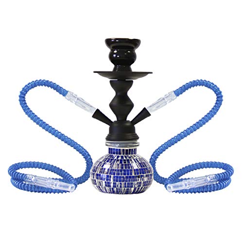 MADGROW. Cachimba Fiesta. Color Azul. 25 cm. Shisha de 2 Tubos con Cuerpo METALICO. Incluye SÚPER Pack: 2ª Cazoleta Extra + Tubo de 10 Pastillas de carbón + boquillas XXL + Pinzas/perforador.