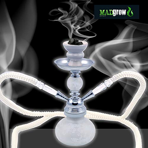 MADGROW. Cachimba SALAMANDRA. Blanca. Shisha de 25 cm. 2 mangueras. SÚPER Pack Tubo de 10 Pastillas de carbón + Set 10 boquillas XXL Silicona.