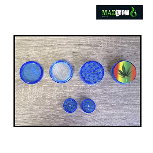 MADGROW. Set DUO GRINDER. AZUL. Molinillo de hierbas y especias. GRINDER Ø50 mm 4 piezas de PVC con tamizador de polen + GRINDER MINI Ø30 mm 2 piezas de pvc. Diseños variados.