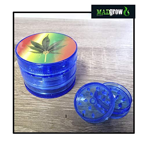 MADGROW. Set DUO GRINDER. AZUL. Molinillo de hierbas y especias. GRINDER Ø50 mm 4 piezas de PVC con tamizador de polen + GRINDER MINI Ø30 mm 2 piezas de pvc. Diseños variados.