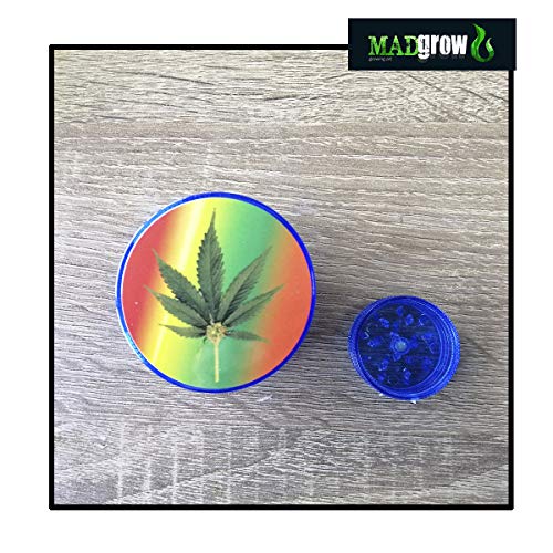 MADGROW. Set DUO GRINDER. AZUL. Molinillo de hierbas y especias. GRINDER Ø50 mm 4 piezas de PVC con tamizador de polen + GRINDER MINI Ø30 mm 2 piezas de pvc. Diseños variados.