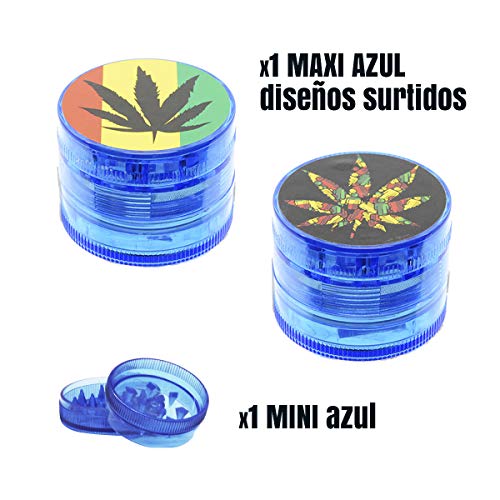 MADGROW. Set DUO GRINDER. AZUL. Molinillo de hierbas y especias. GRINDER Ø50 mm 4 piezas de PVC con tamizador de polen + GRINDER MINI Ø30 mm 2 piezas de pvc. Diseños variados.