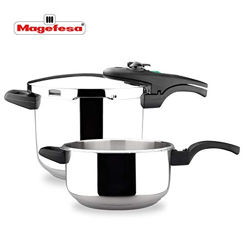 MAGEFESA ATHENAS COMPLET Olla a presión Super rápida de fácil Uso, Acero Inoxidable, Apta para cocinas inducción. Fondo Termo difusor, Pack Exclusivo Olla + CESTILLO + Tapa DE Cristal (4L + 6L)